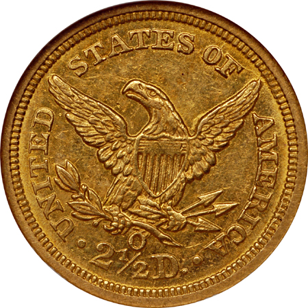 1843-O small date Liberty Head quarter-eagle, NGC AU-58 Eliasberg.