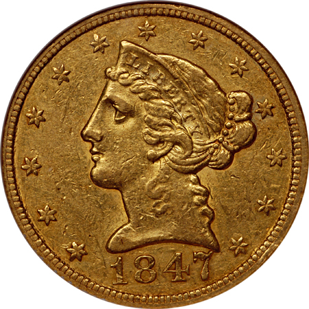 1847-C Liberty Head half-eagle, NGC AU-55 Eliasberg.