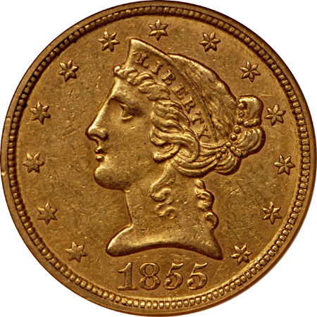 1855-C Liberty Head half-eagle, NGC AU-58 Eliasberg.