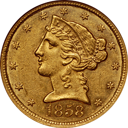 1858-C Liberty Head half-eagle, NGC AU-58 Eliasberg.