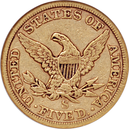 1866-S Liberty Head half-eagle, No Motto. NGC VF-25 Eliasberg.