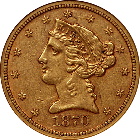 1870-S Liberty Head half-eagle, NGC AU-55 Eliasberg.