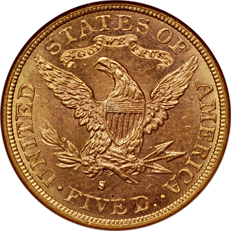 1881-S Liberty Head half-eagle, NGC MS-62* Eliasberg.