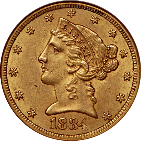 1884-CC Liberty Head half-eagle, NGC AU-58 Eliasberg.