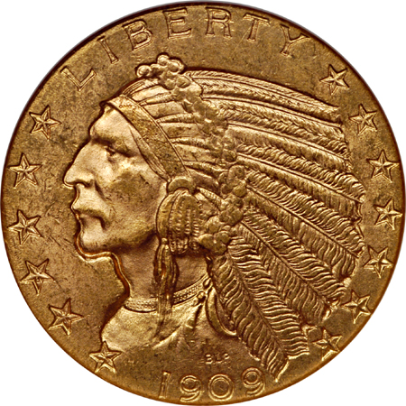 1909-D Indian Head half-eagle, NGC MS-62 Eliasberg.