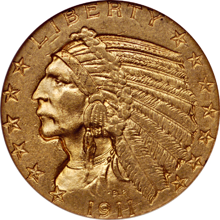 1911-S Indian Head half-eagle, NGC AU-58 Eliasberg.