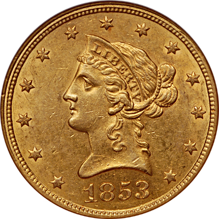 1853 Liberty Head eagle, NGC AU-58 Eliasberg.