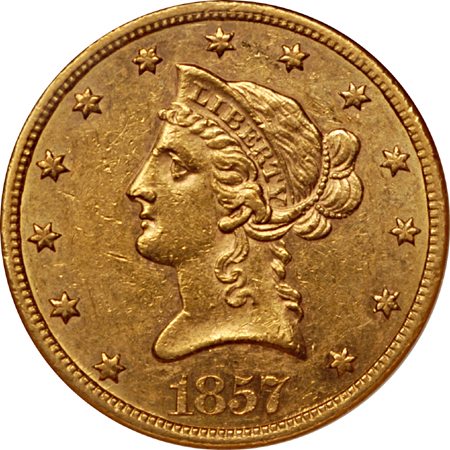 1857-S Liberty Head eagle, NGC AU-58 Eliasberg.