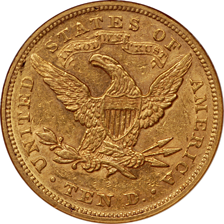 1866 (w/Motto) Liberty Head eagle, NGC AU-55 Eliasberg.