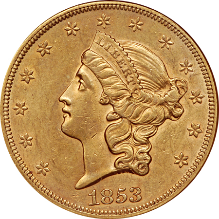 1853 Liberty double-eagle, NGC AU-58 Eliasberg.