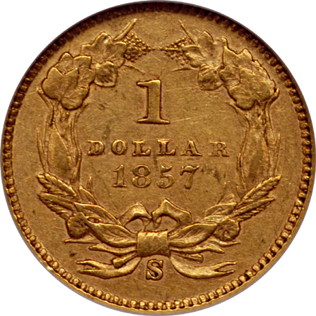 1857-S Gold Dollar, NGC AU-55 Eliasberg.