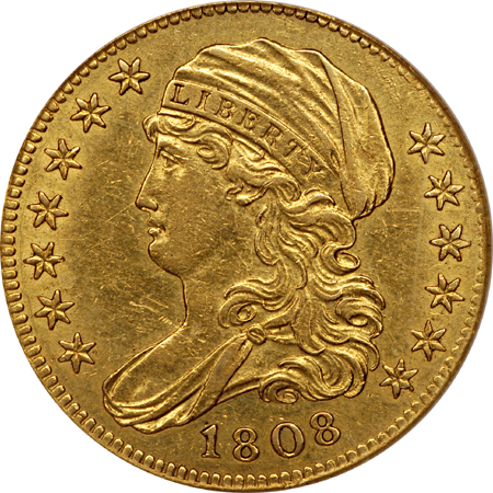 1808 (normal date, wide 5 D) Breen 4-B Capped Bust half-eagle, NCS improperly cleaned, AU Details Eliasberg.