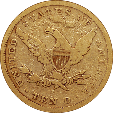 1869-S Liberty Head eagle, NCS improperly cleaned, F Details Eliasberg.