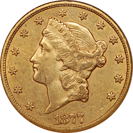 1877-CC Liberty Head double-eagle, NGC AU-53 Eliasberg.