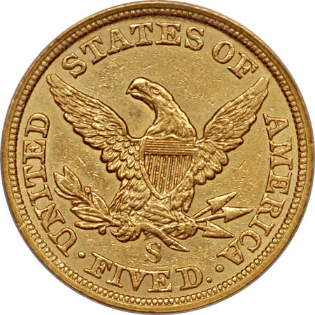 1857-S Liberty Head half-eagle, NCS improperly cleaned, AU Details Eliasberg.