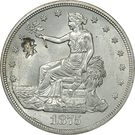 1875-S Trade dollar, Chop Mark, PCGS MS-64.