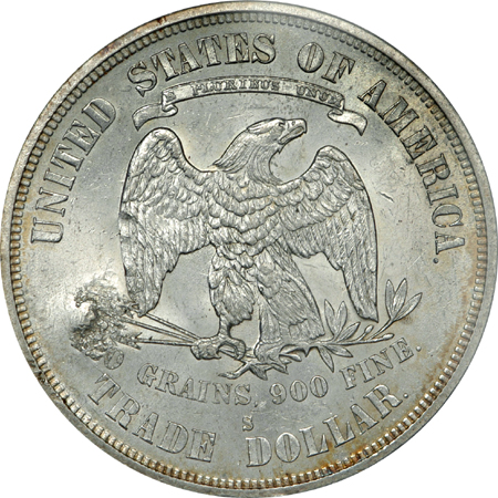 1875-S Trade dollar, Chop Mark, PCGS MS-64.