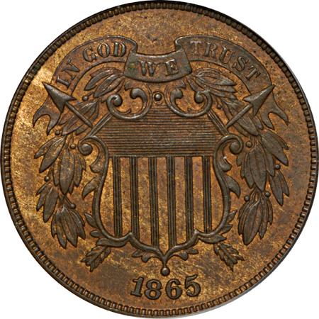 1865, 1867, and 1869 Two-Cent Pieces, PCGS MS-64 RB.