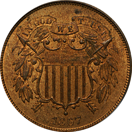 1865, 1867, and 1869 Two-Cent Pieces, PCGS MS-64 RB.