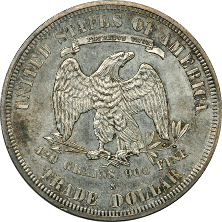 1877-S Trade dollar, Double Die Reverse, ANACS MS-62.