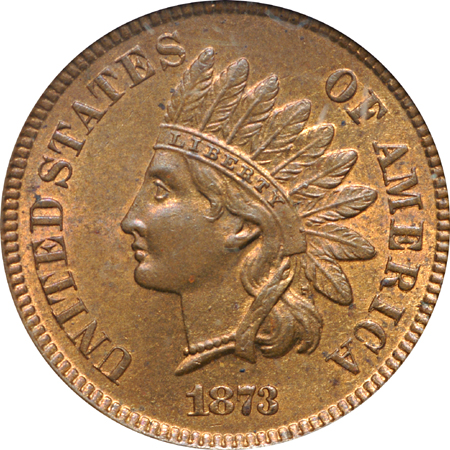 1873 'Open 3" and 1875 Indian Head cents, PCGS MS-64 RB.