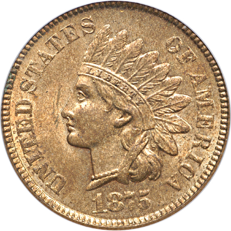 1873 'Open 3" and 1875 Indian Head cents, PCGS MS-64 RB.