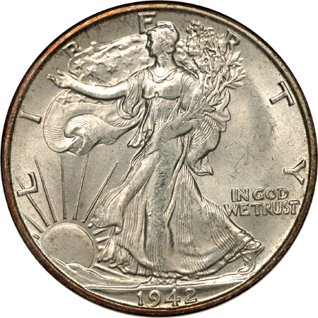 1938-D, 1941-S, 1942-S, 1943, 1944-S and 1946-D Walking Liberty half-dollars, NGC MS-64.