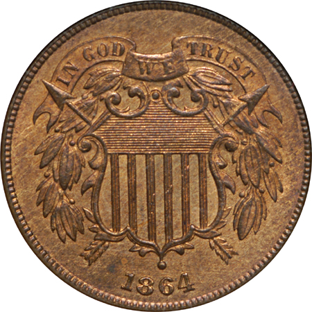 1864 Large Motto and 1866 Two-Cent Pieces, NGC.