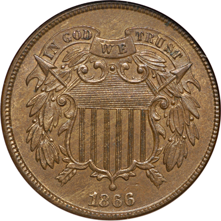 1864 Large Motto and 1866 Two-Cent Pieces, NGC.