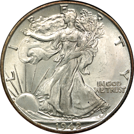 1942-D, 1943-S, 1945-D and 1947-D Walking Liberty half-dollars. NGC MS-65.