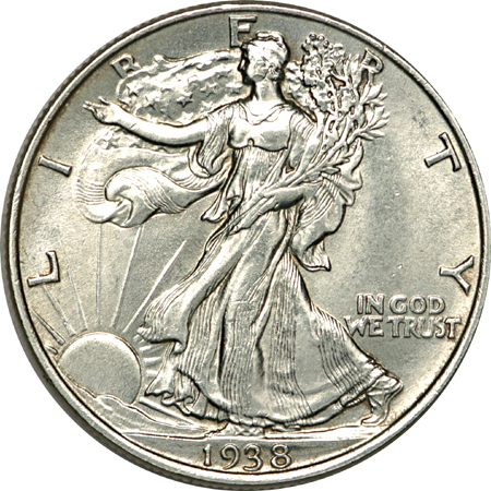 Seven Walking Liberty half-dollars.