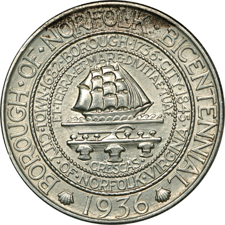 1936 Norfolk and 1937 Roanoke commemorative half-dollars.