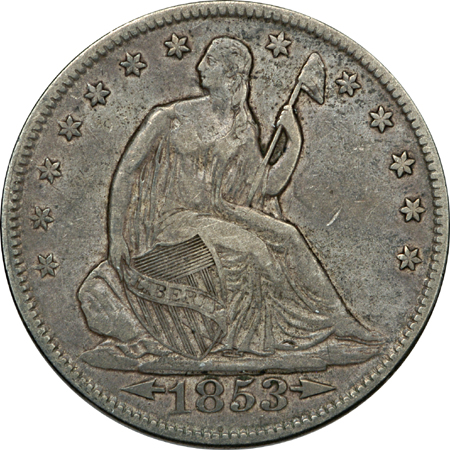 Seven Seated Liberty half-dollars.