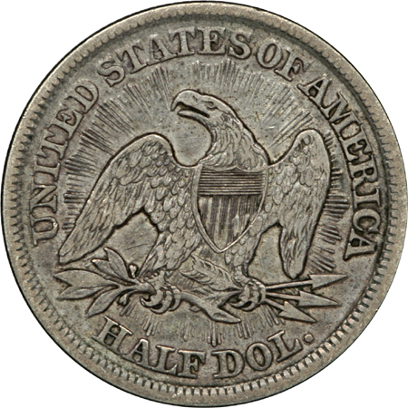 Seven Seated Liberty half-dollars.