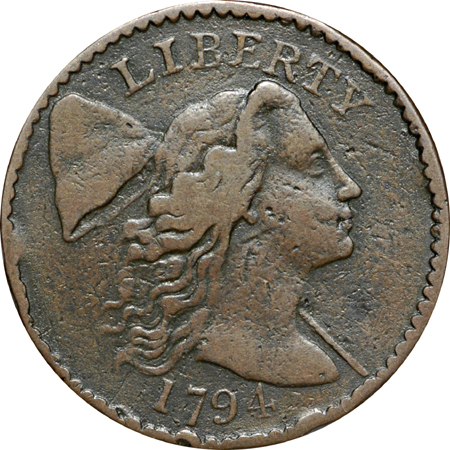 1794 Head of 1794 (Short Bust/Bow Skewed Left) S-47, R-4, VF-30 details, net VG.