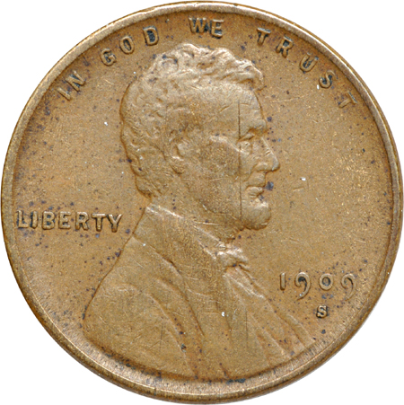 1909-S VDB VF, obverse scratch.