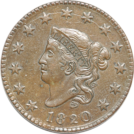 1820 Coronet and three Braided Hair large cents.