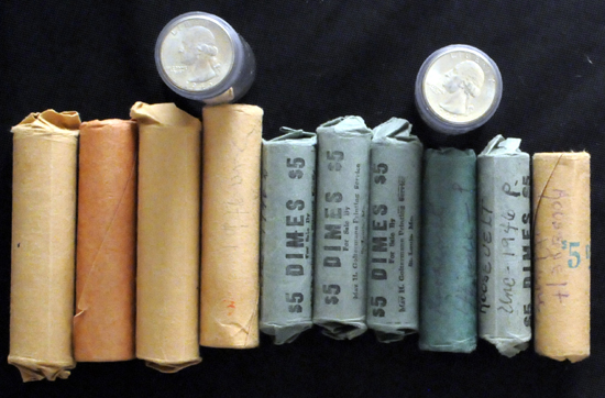 Twelve BU rolls of coins from the 1940s.