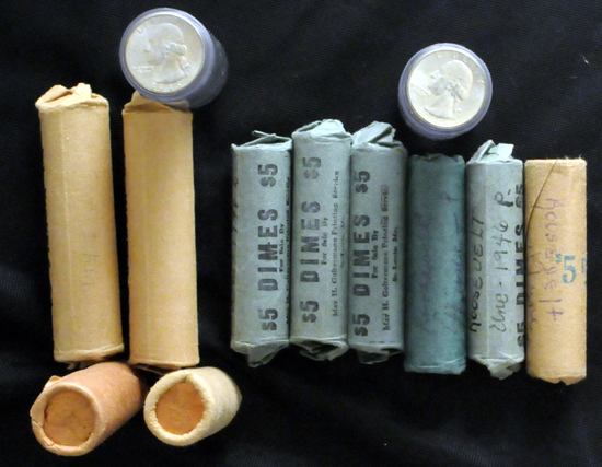 Twelve BU rolls of coins from the 1940s.