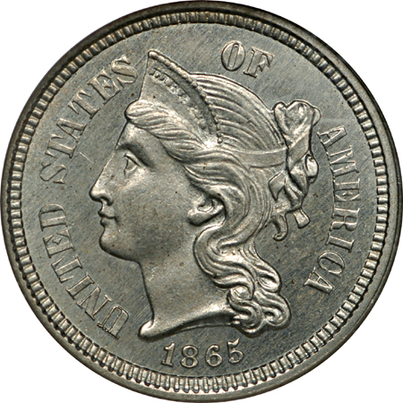 1865 and 1889 Three-Cent Nickels. NGC.