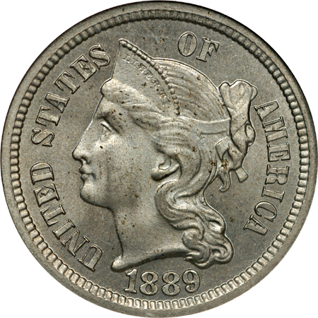 1865 and 1889 Three-Cent Nickels. NGC.