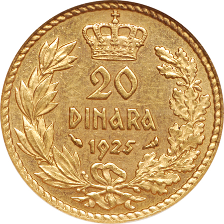 1925 Yugoslavia Alexander 1 gold 20 Dinara. NGC MS-63.