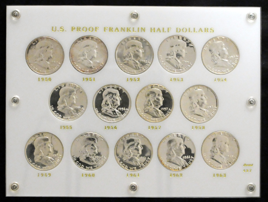 1950 - 1963 proof Franklin half-dollars.