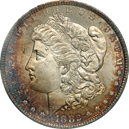 1882-CC, 1885 and 1887 Morgan dollars, NGC.