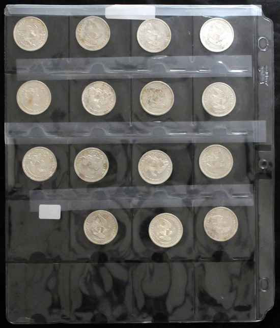 Fifteen Seated Liberty half-dollars.