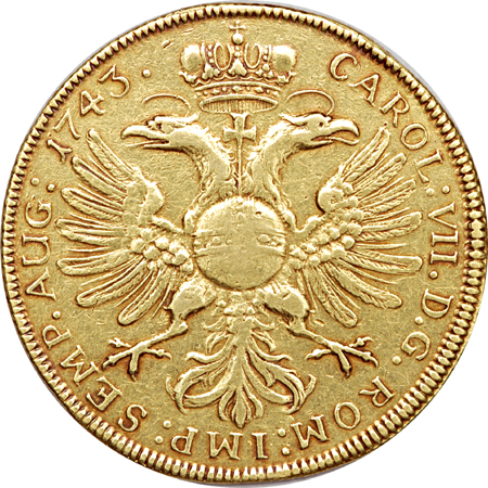 1743 Bremen/German States 2 Thaler (Silver) Struck in Gold, KM catalog number 184, Dav. #2048, VF.