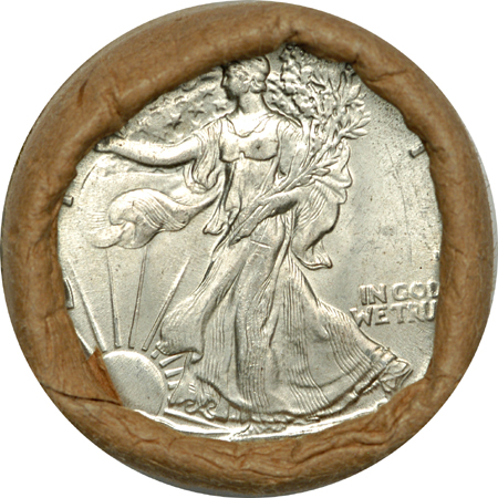 Original roll of 1945 Walking Liberty half-dollars.