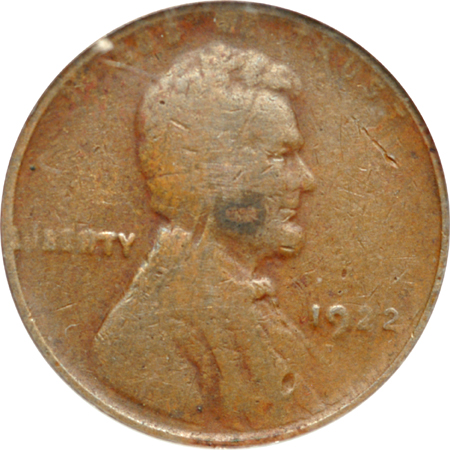 1922 'plain' Lincoln cent, ANACS VG-10 details, corroded..