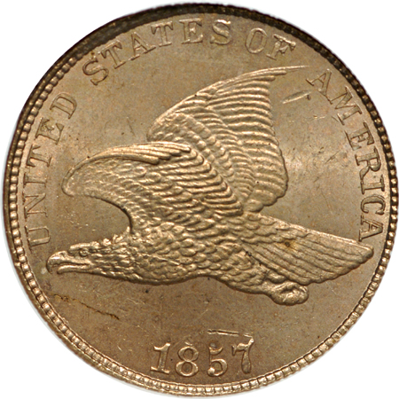 1857 "Snow-4" Flying Eagle cent, NGC MS-63.