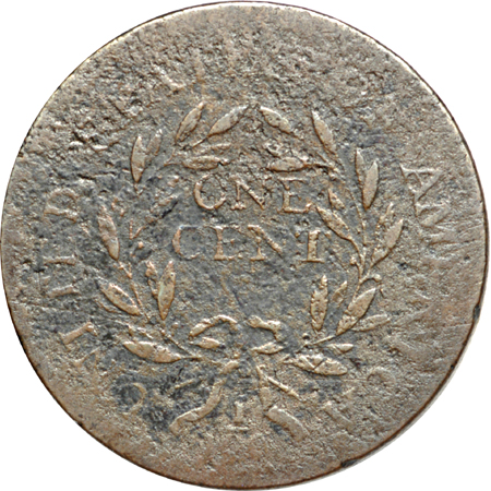1795 Plain Edge, One Cent High large-cent (S-76b R-1). Fine, corroded.